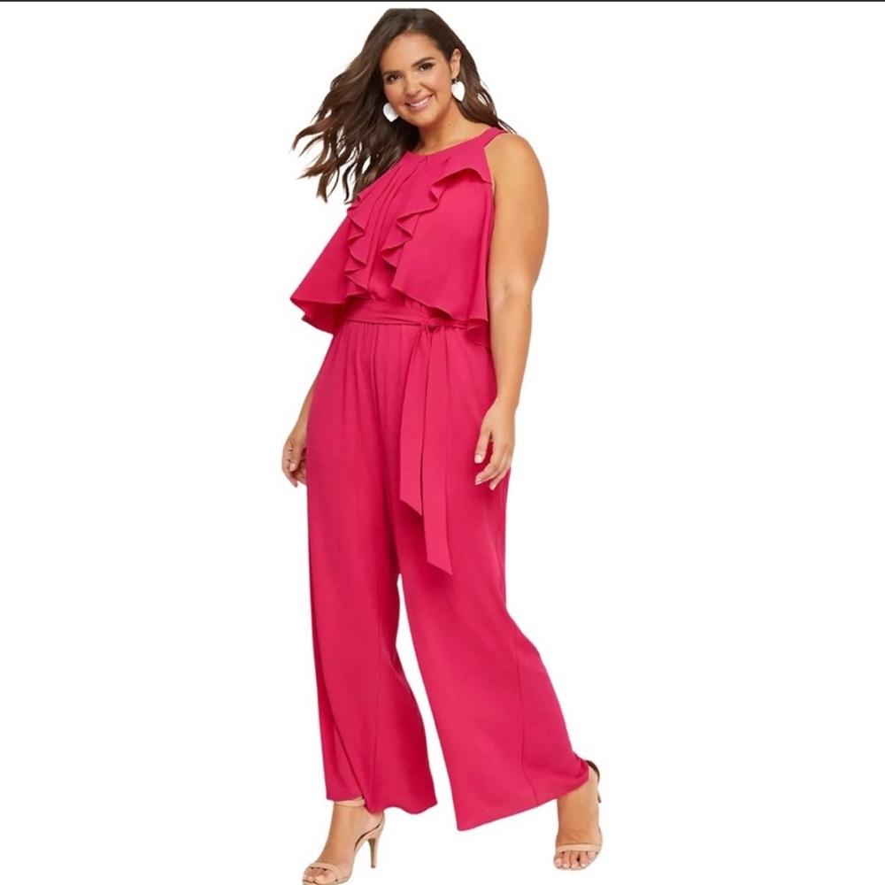 NWT Lane Bryant Ruffle Front Wide Leg Jumpsuit - Pink - 16